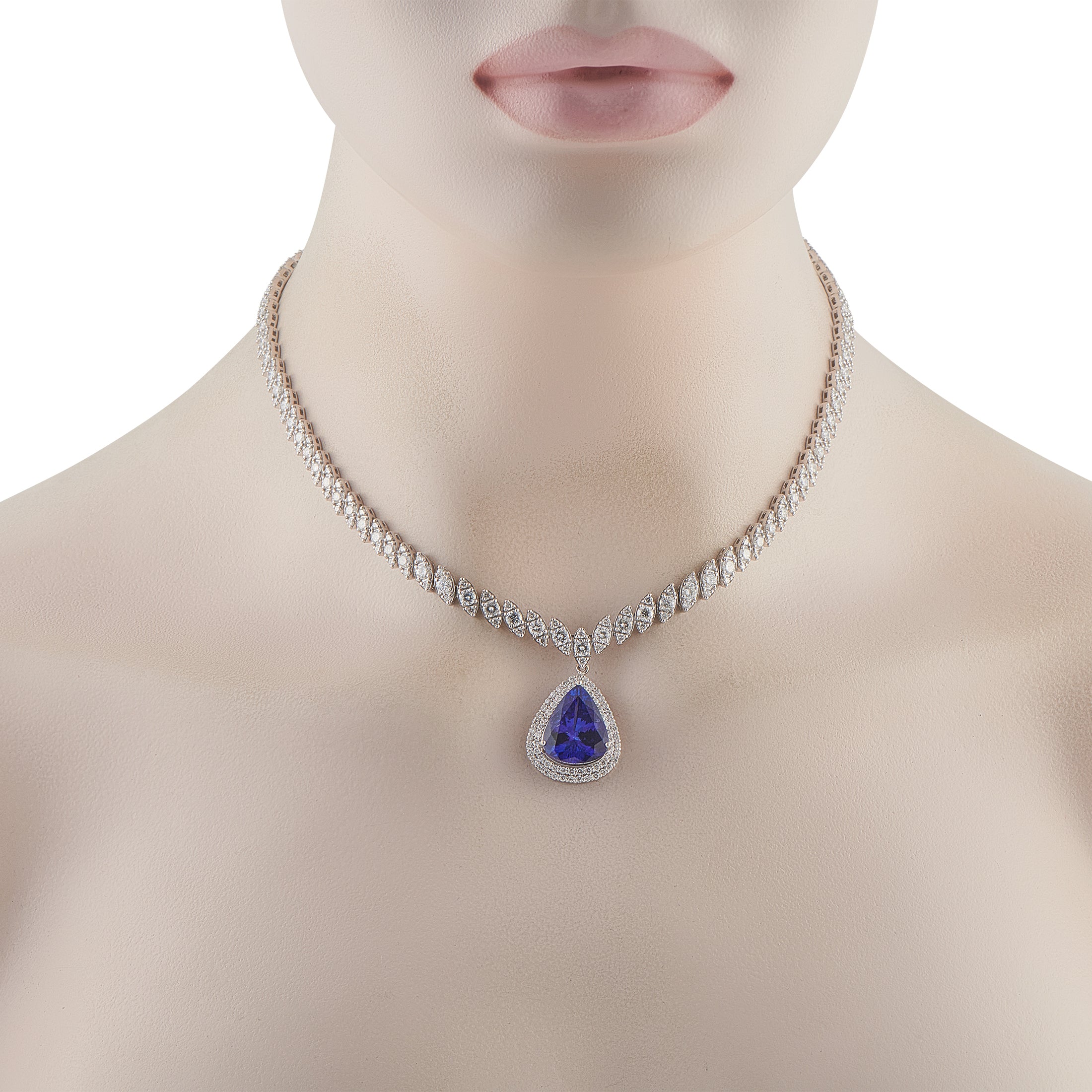 Exclusive 18K White Gold 10.03ct Diamond and Tanzanite Necklace