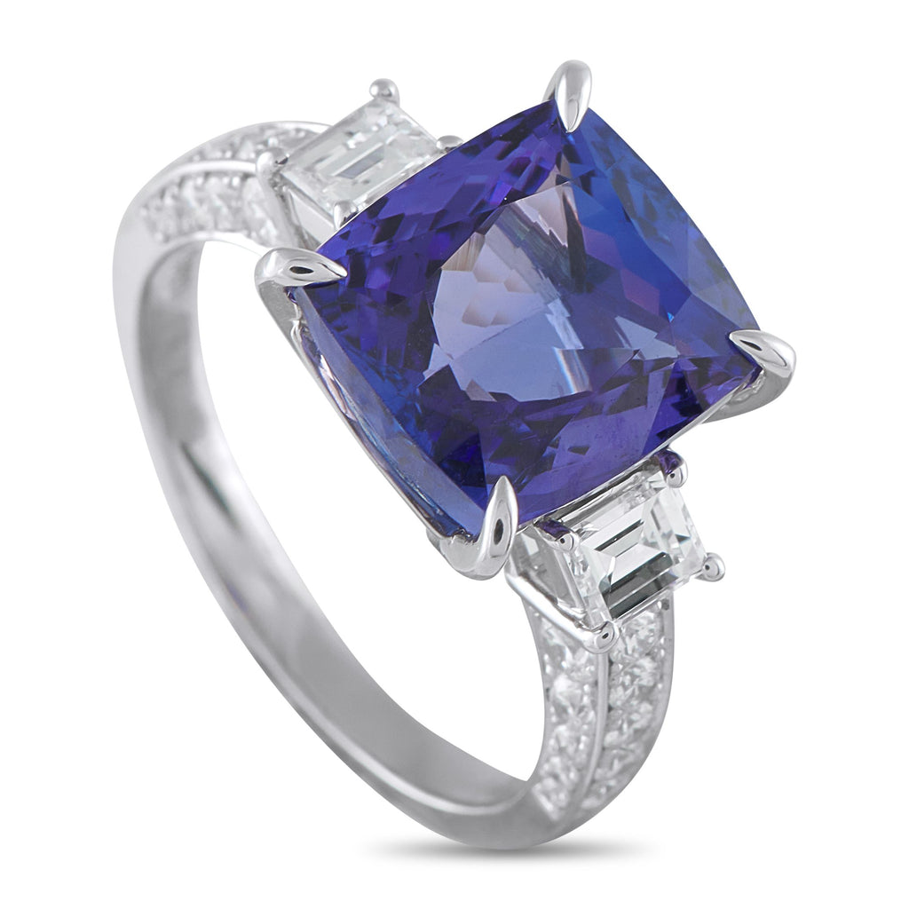Exclusive Platinum 1.64ct Diamond and Tanzanite Ring - From every angle, the beautiful blue gem reveals itself. This Exclusive  platnum ring features a 10.22-carat cushion-cut tanz