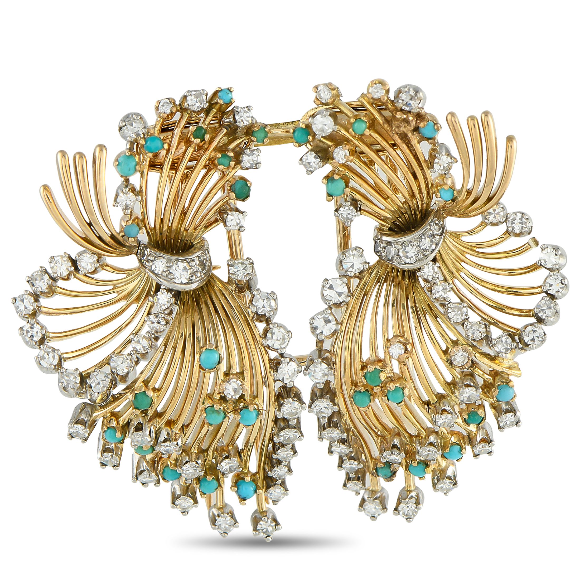 Exclusive Platinum and 18K Yellow Gold 1.45ct Diamond and Turquoise Brooch — This brooch is filled with dynamic details.