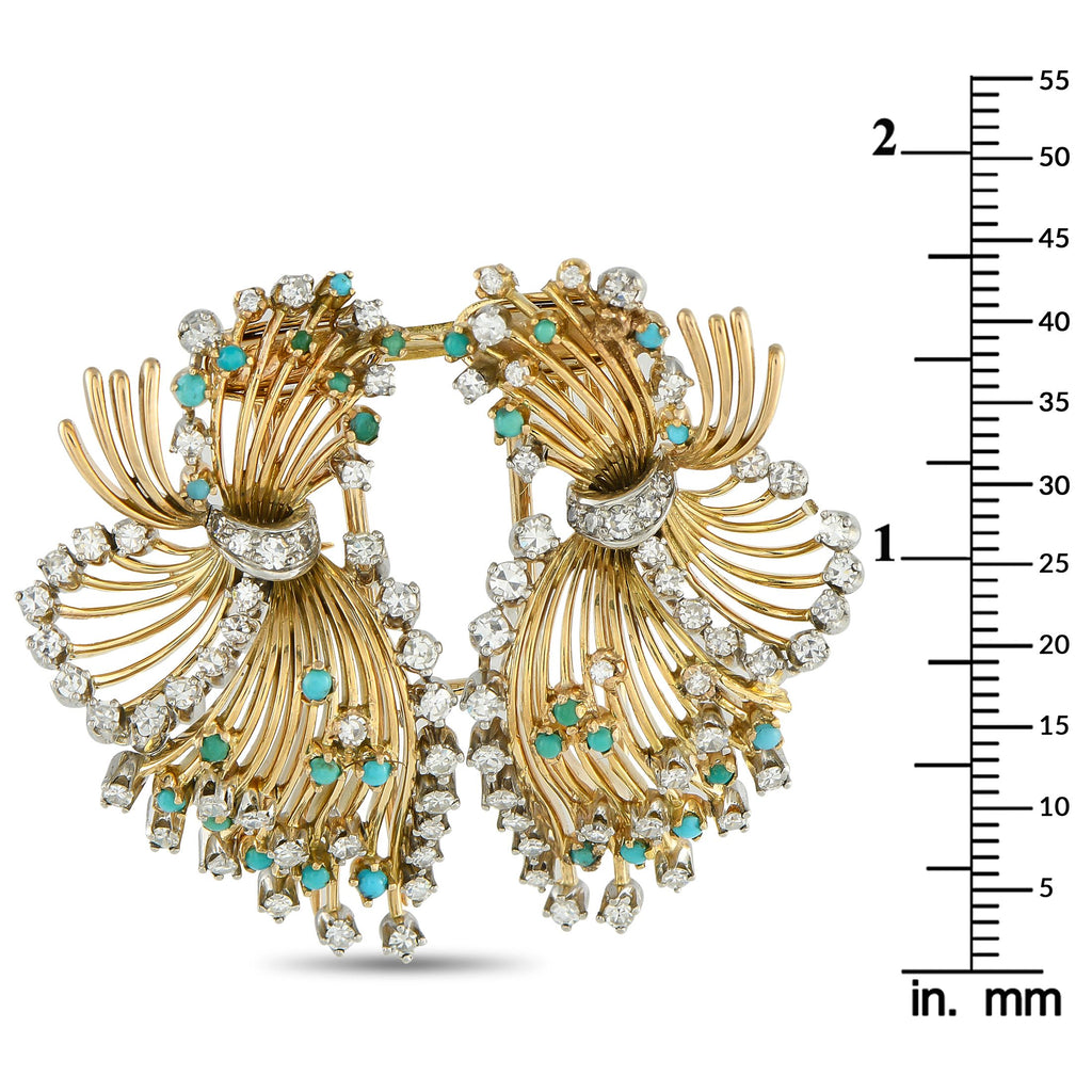 Exclusive Platinum and 18K Yellow Gold 1.45ct Diamond and Turquoise Brooch