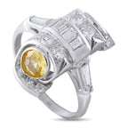 Platinum 0.82ct Diamond and Yellow Sapphire Mid-Century Cocktail Ring