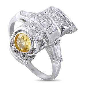 Platinum 0.82ct Diamond and Yellow Sapphire Mid-Century Cocktail Ring