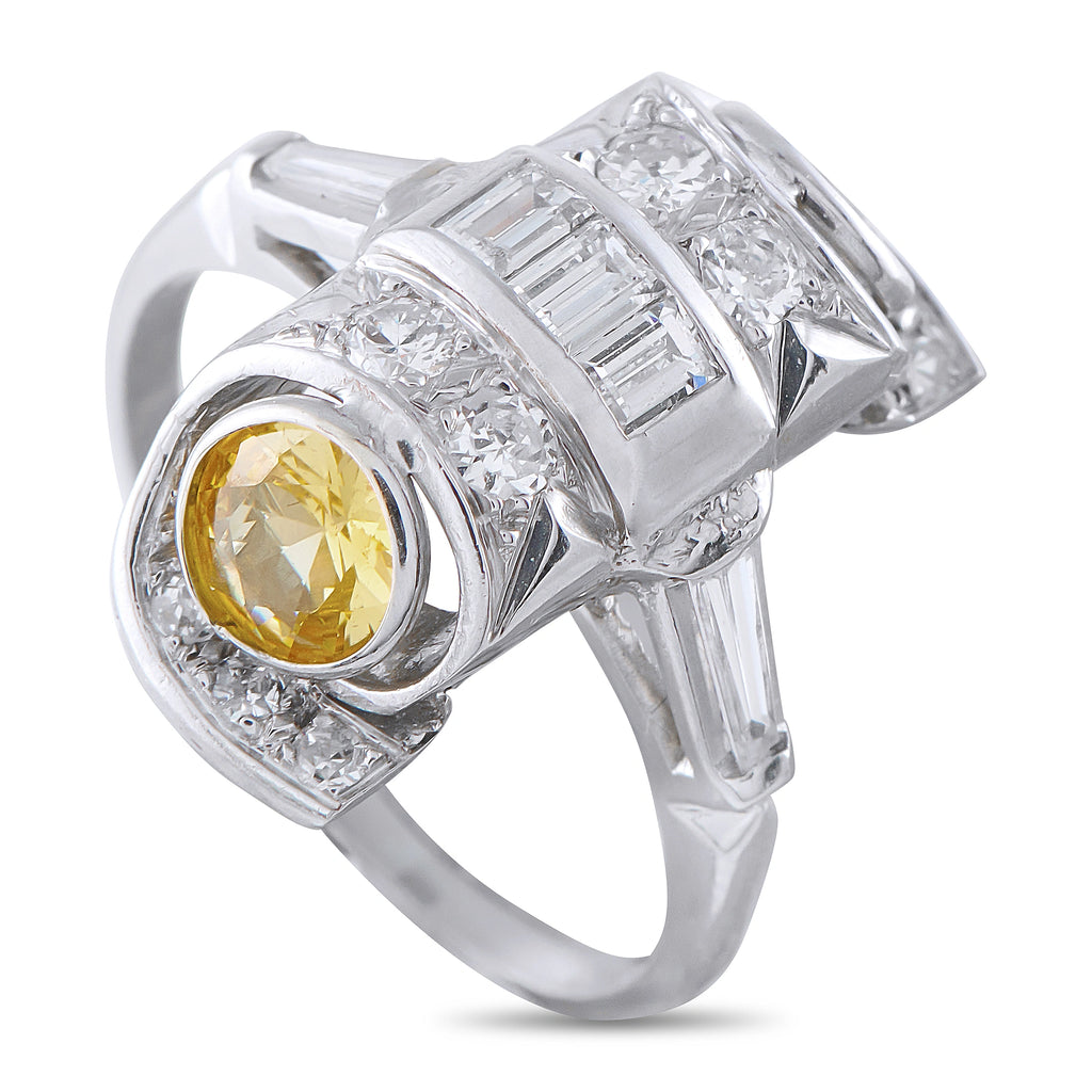 Platinum 0.82ct Diamond and Yellow Sapphire Mid-Century Cocktail Ring