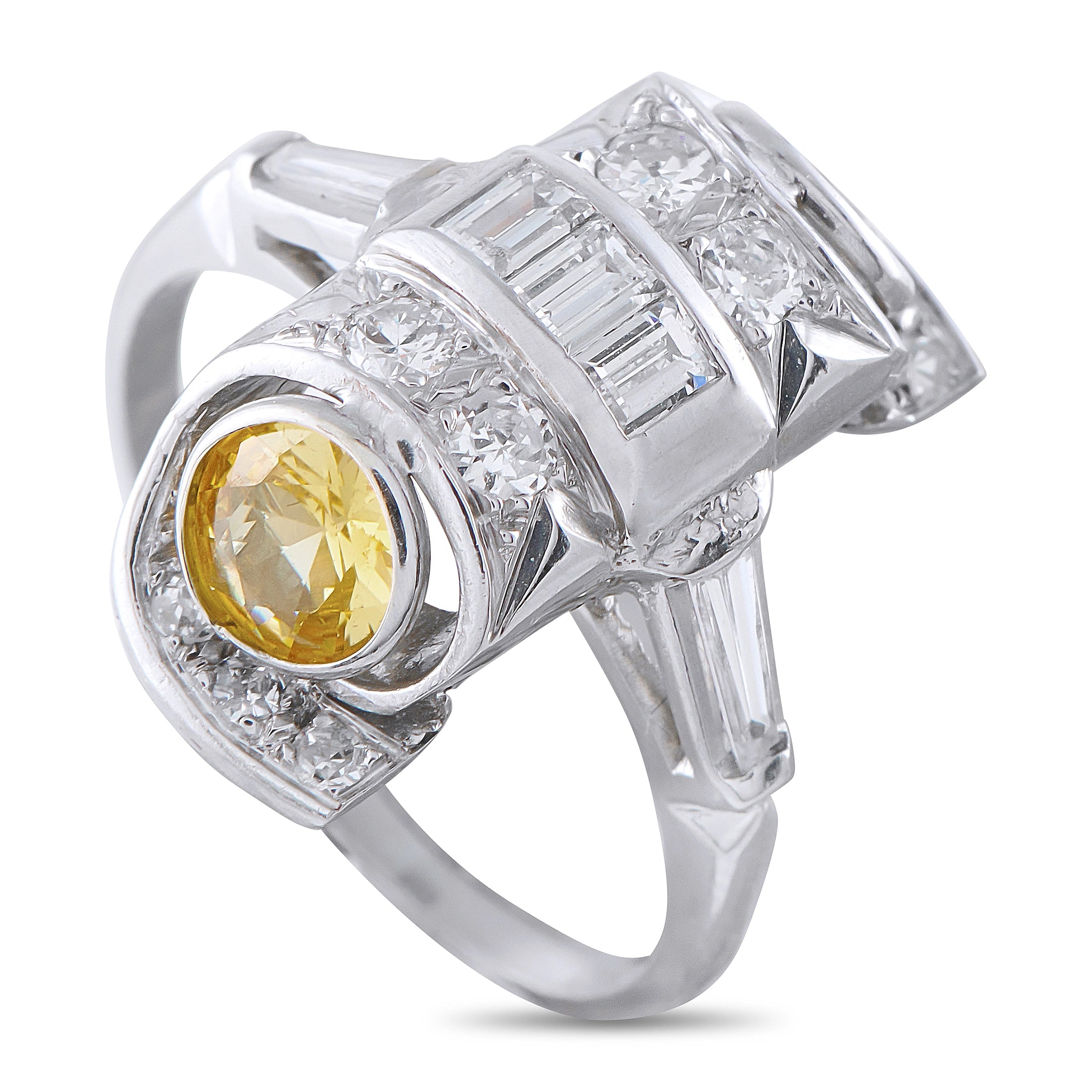 Platinum 0.82ct Diamond and Yellow Sapphire Mid-Century Cocktail Ring