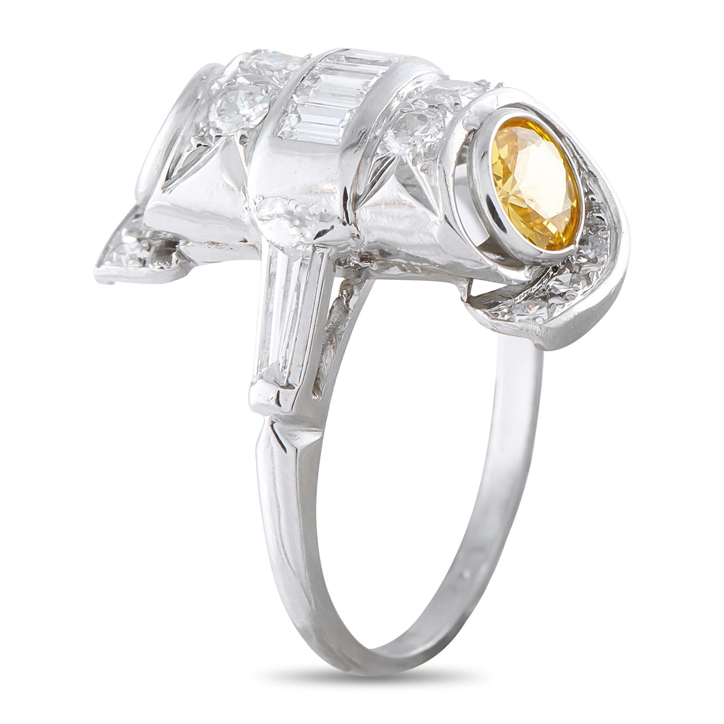 Platinum 0.82ct Diamond and Yellow Sapphire Mid-Century Cocktail Ring