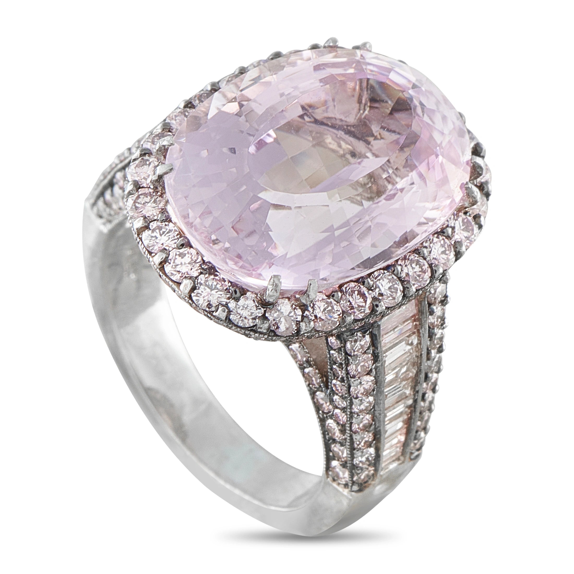Platinum ring with oval pink kunzite and diamond halo