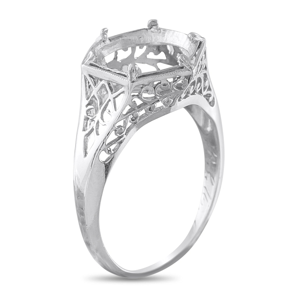 Antique platinum ring showing the open gallery and filigree shoulders