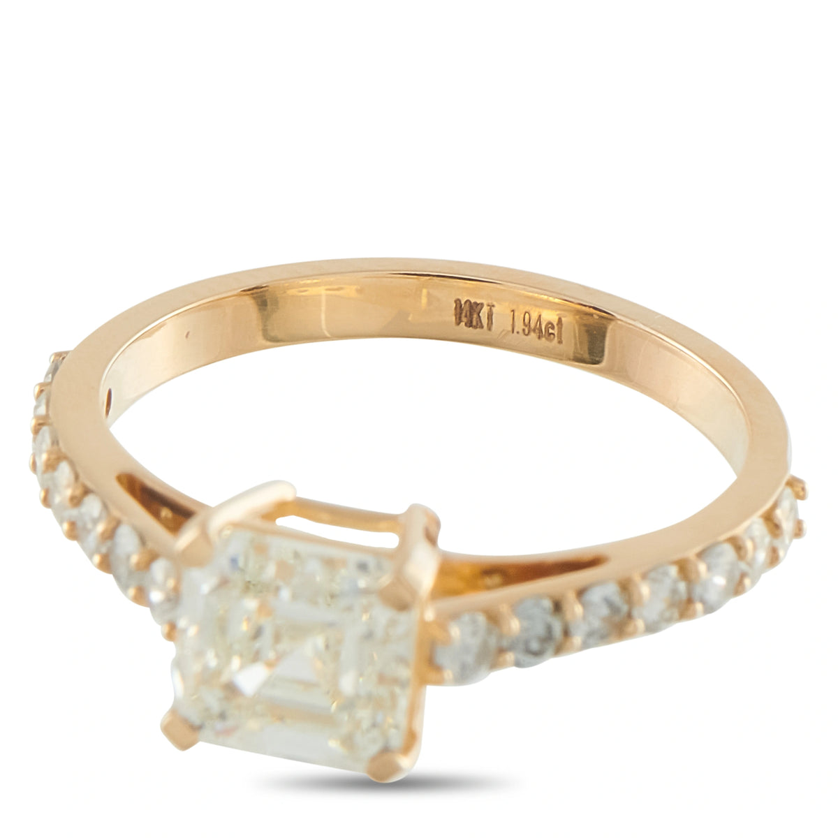 14K yellow gold diamond ring with square center stone and pave band