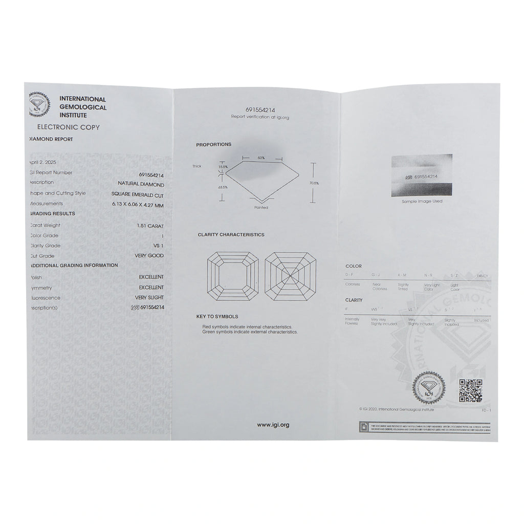 Diamond quality report certificate with grading results and diagram charts