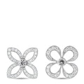 White gold diamond flower stud earrings with five petal design and round center stone