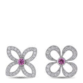 White gold diamond flower stud earrings with pink sapphire center