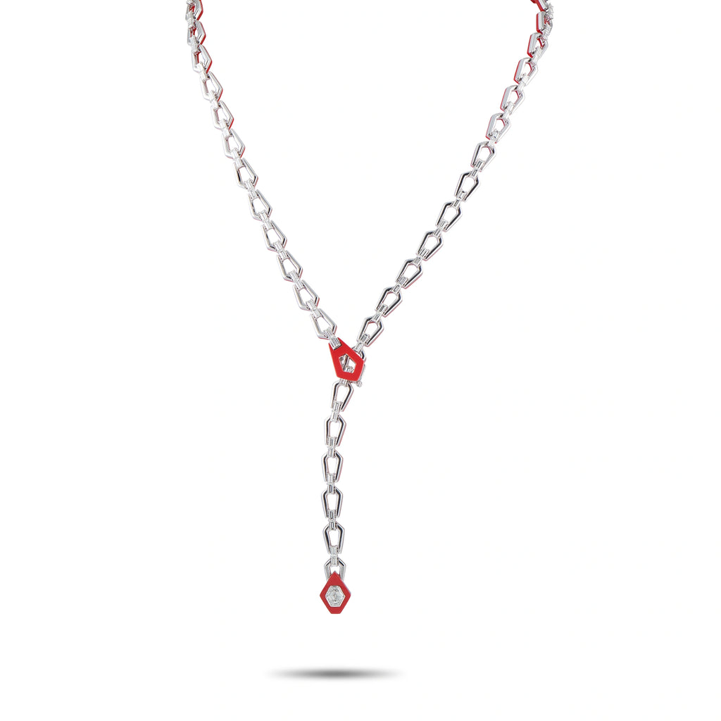 18K white gold diamond lariat necklace with geometric links and a dangling stone pendant