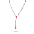 18K white gold diamond lariat necklace with geometric links and a dangling stone pendant
