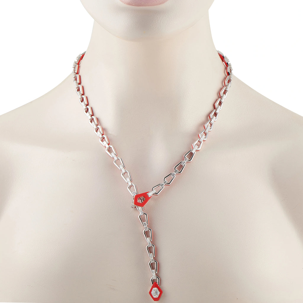 Geometric-link diamond lariat necklace shown worn, with a long drop pendant