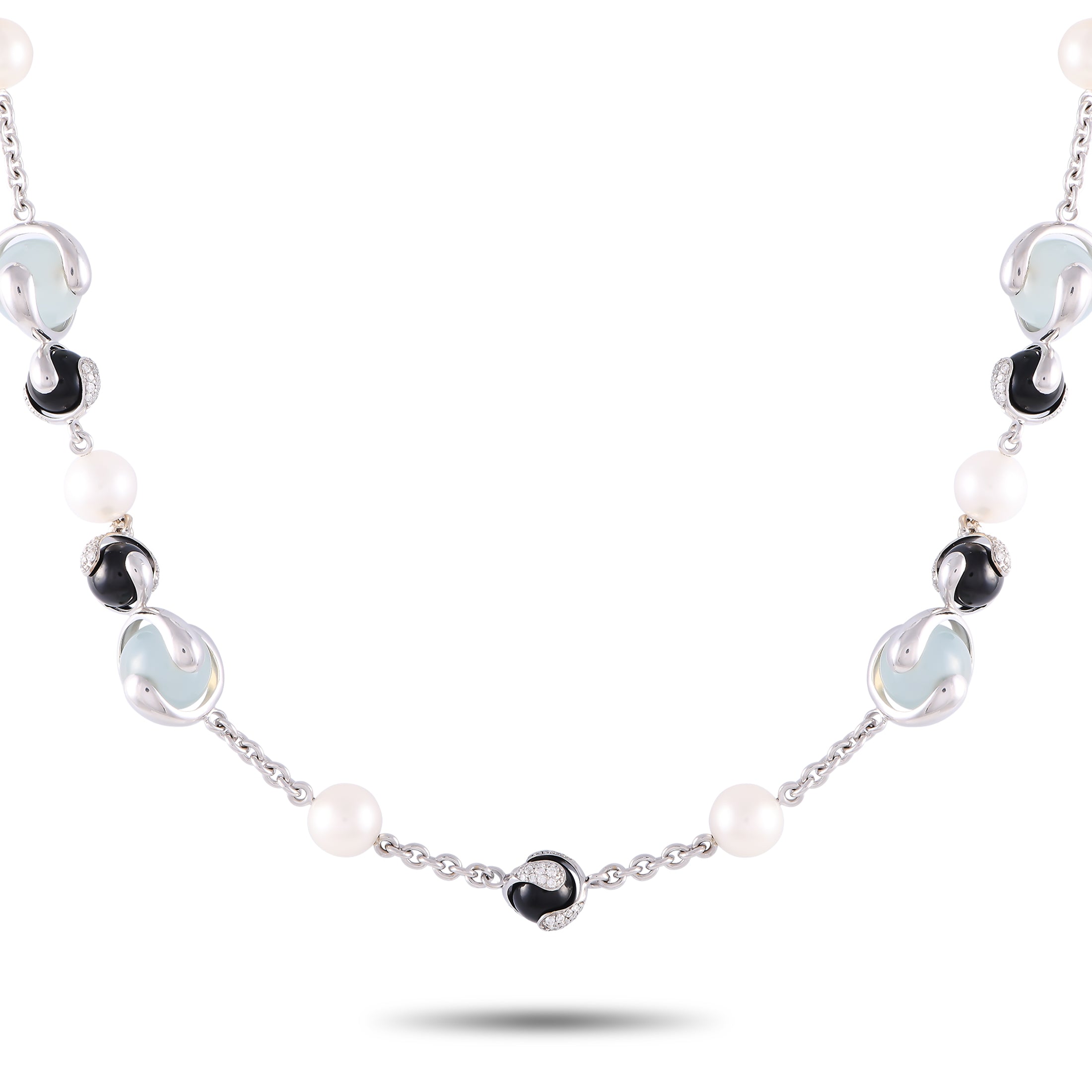 Marina B.18K White Gold 4.5ct Diamond, Onyx, Pearl and Aqua Necklace – From Marina Bulgari’s high-jewelry house, this Marina 