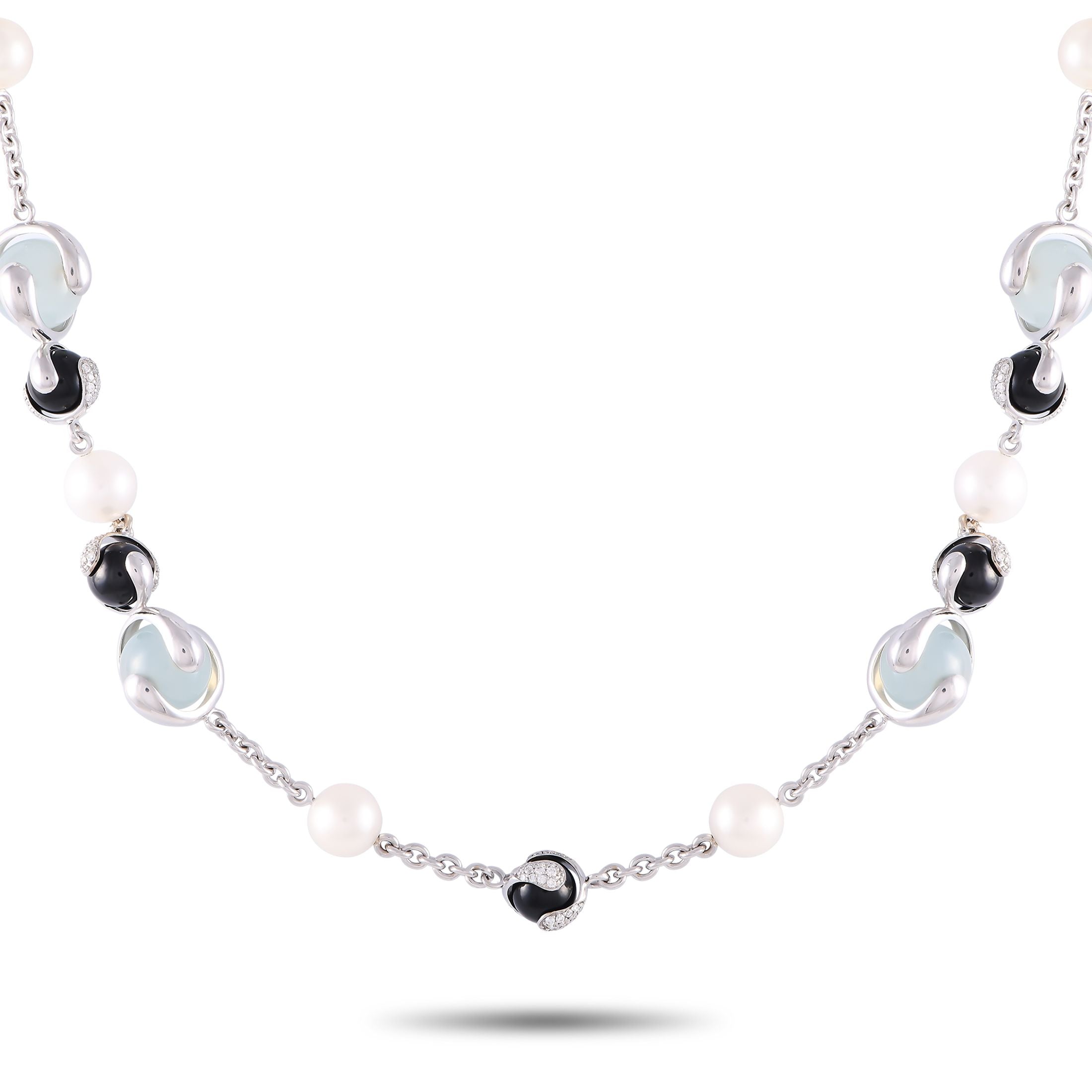 Marina B.18K White Gold 4.5ct Diamond, Onyx, Pearl and Aqua Necklace MB06-080824 – From Marina Bulgari’s high-jewelry house, 