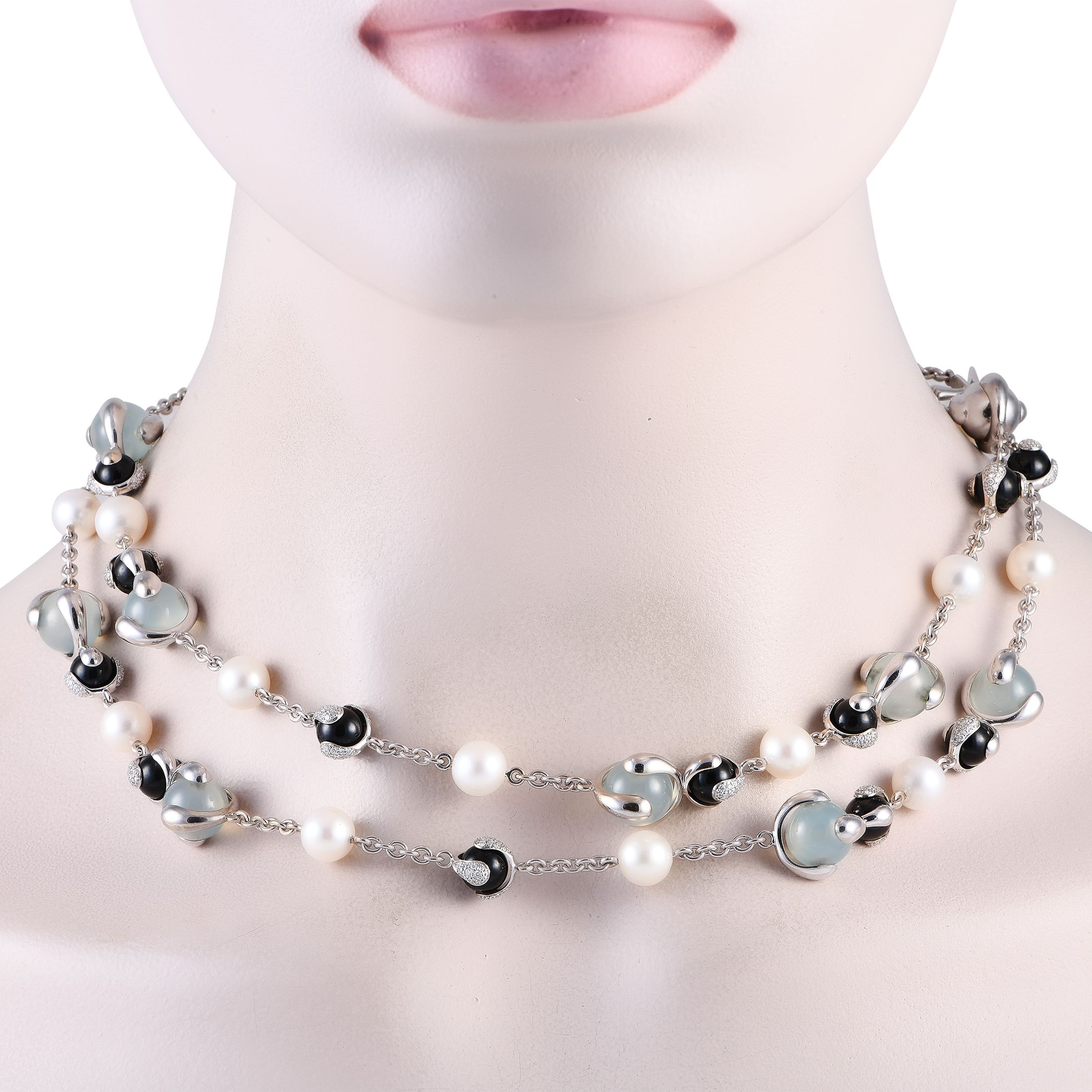 Marina B. 18K White Gold 4.5ct Diamond, Onyx, Pearl and Aqua Necklace