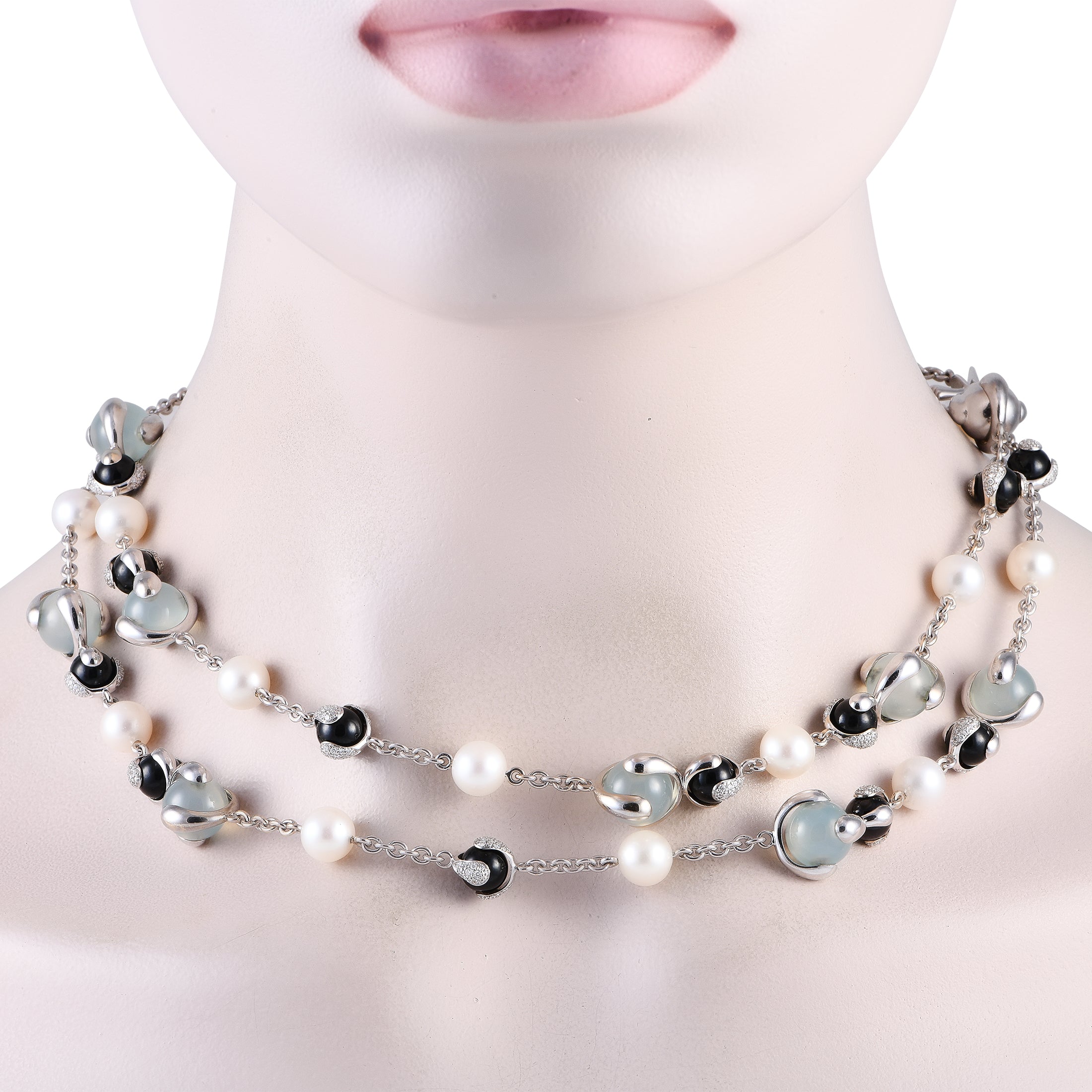 Marina B.18K White Gold 4.5ct Diamond, Onyx, Pearl and Aqua Necklace
