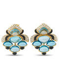 Yellow gold floral enamel clip with blue teardrop stones and diamond halo