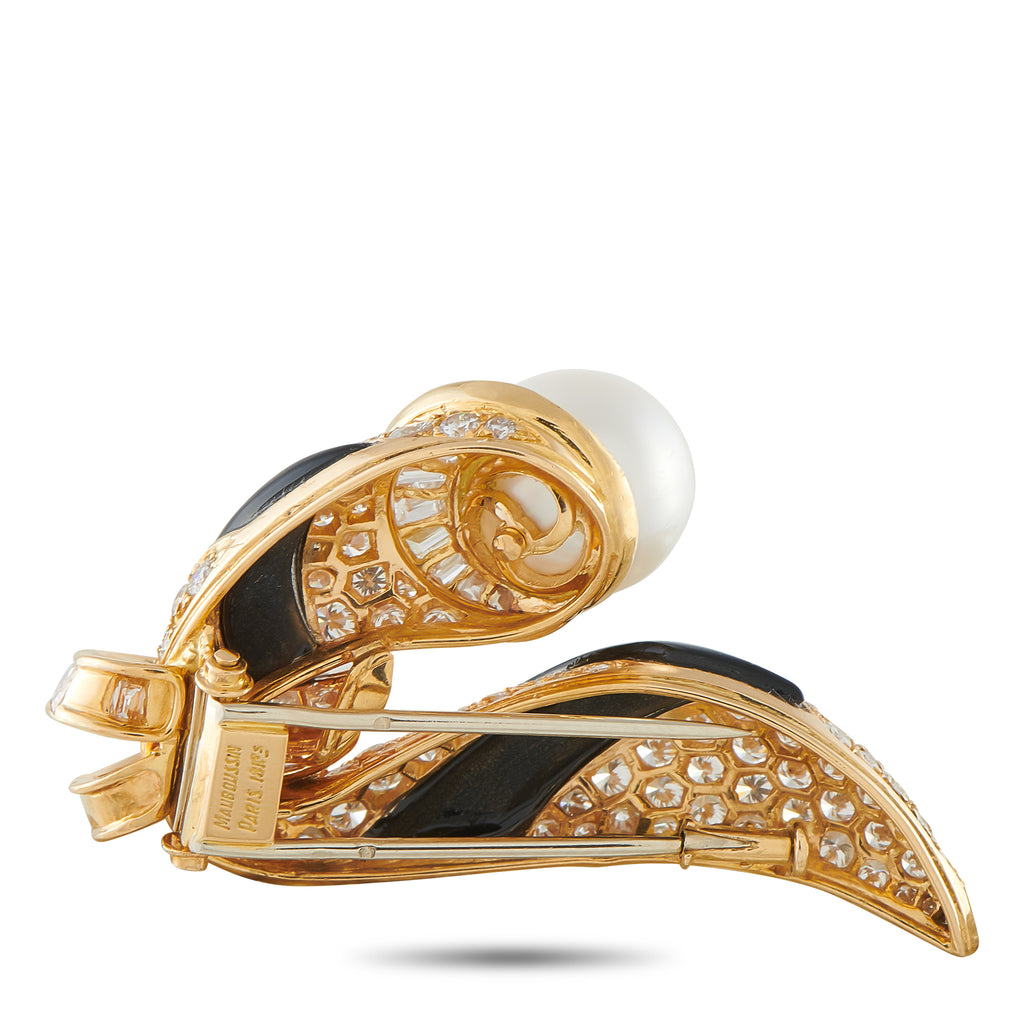 MAUBOUSSIN 18K Yellow Gold 4.50ct Diamond, Onyx, Pearl Brooch