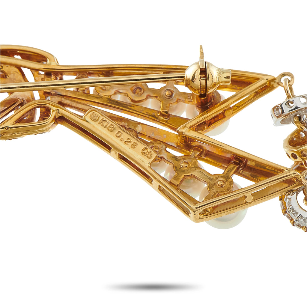 18K yellow gold brooch clasp and hinge detail, with diamond and pearl accents
