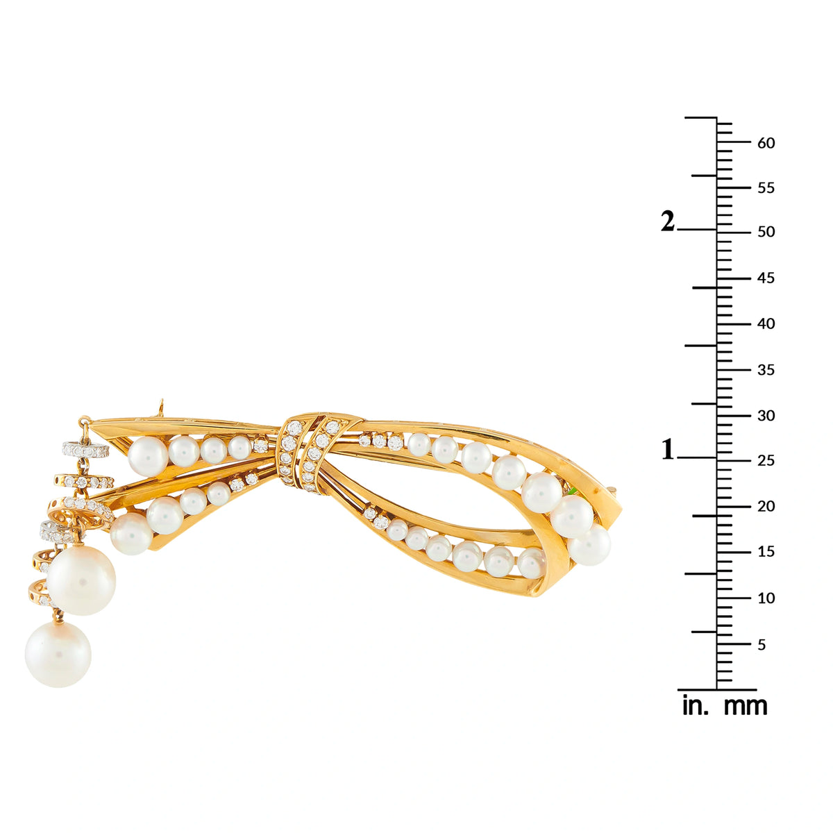 18K yellow gold diamond and pearl brooch, bow with dangling pearls; size shown in mm