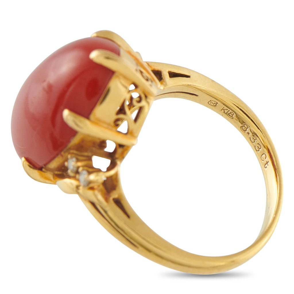 Mikimoto 18K Yellow Gold Diamond and Coral Ring