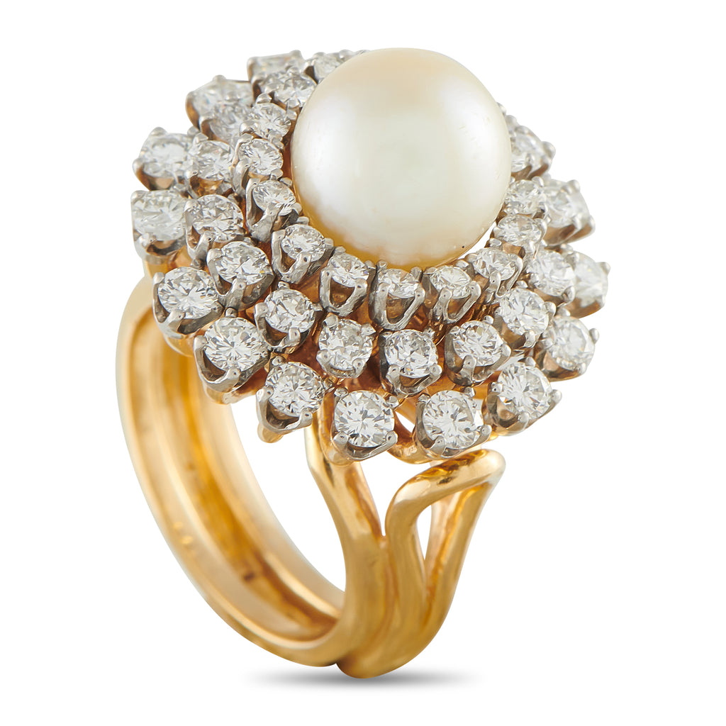 MIKIMOTO Vintage 18K Yellow Gold 1.95ct Diamond and Pearl Ring
