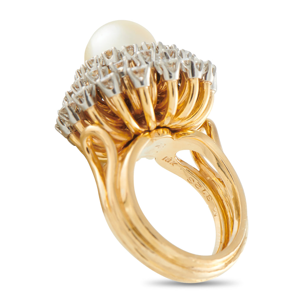 Mikimoto Vintage 18K Yellow Gold 1.95ct Diamond and Pearl Ring