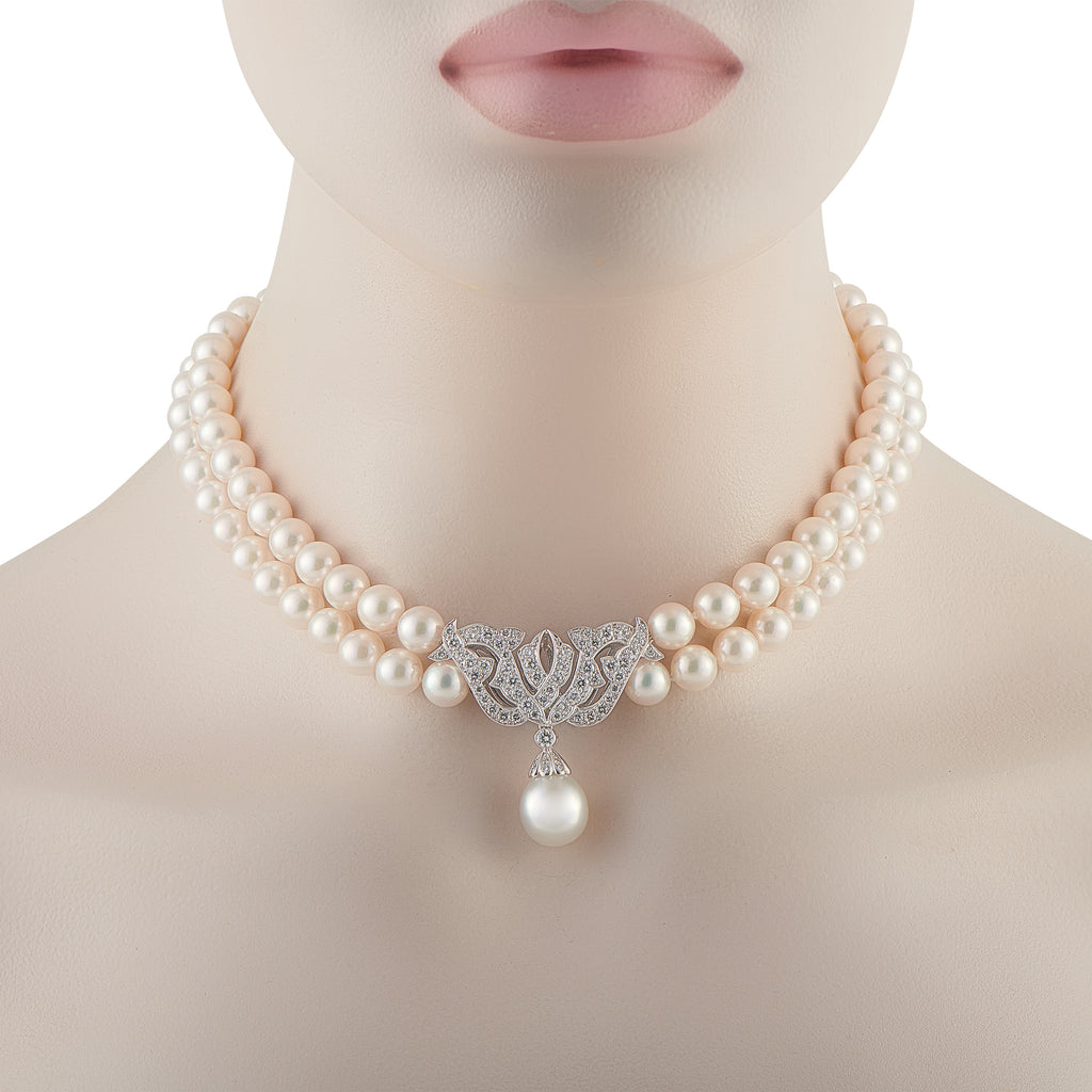MIKIMOTO Platinum 2.25ct Diamond and Pearl Double Strand Necklace