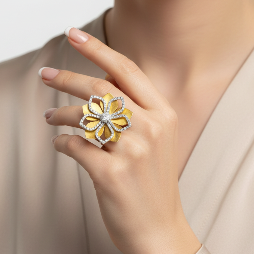 18K White and Yellow Gold Piero Milano Movable Petal Diamond Ring