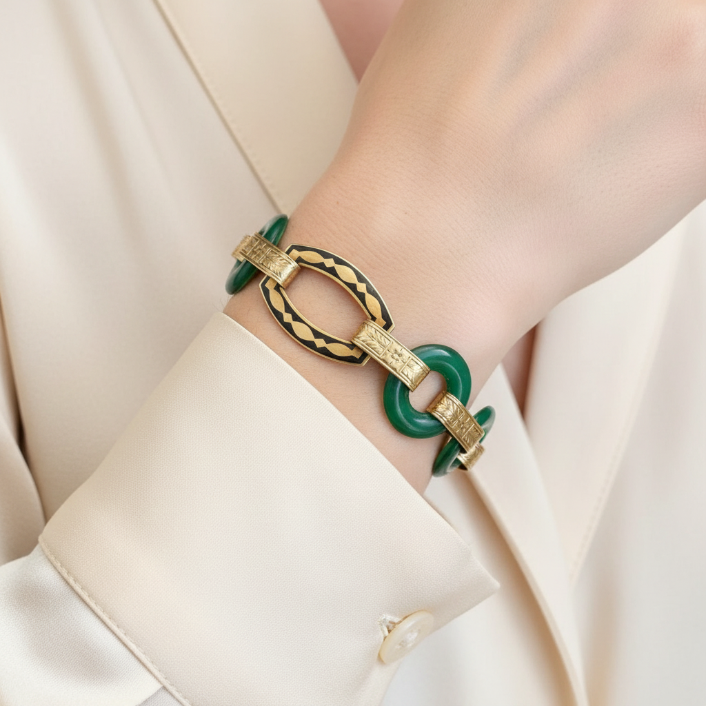 Gold and green bracelet on a wrist with a beige background