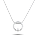 Movado diamond circle pendant in white gold on chain, pavé edge and center teardrop