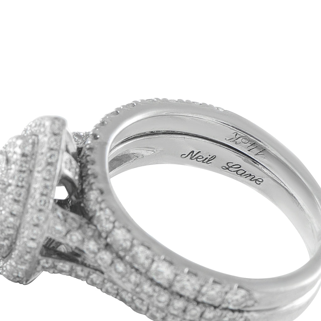 14K white gold diamond ring inner band engraving, pear double-halo design