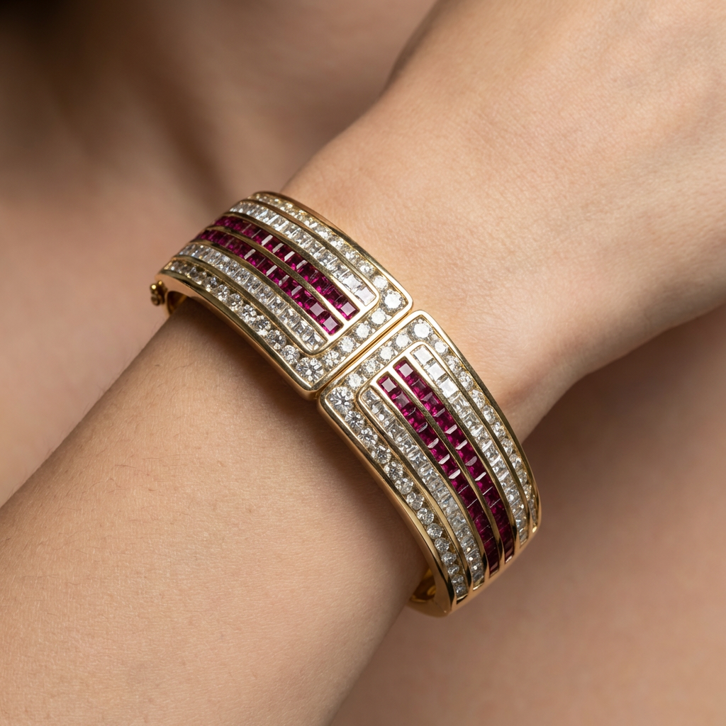 18K Yellow Gold 5.2ct Ruby and 7.02ct Diamond Hinged Bracelet