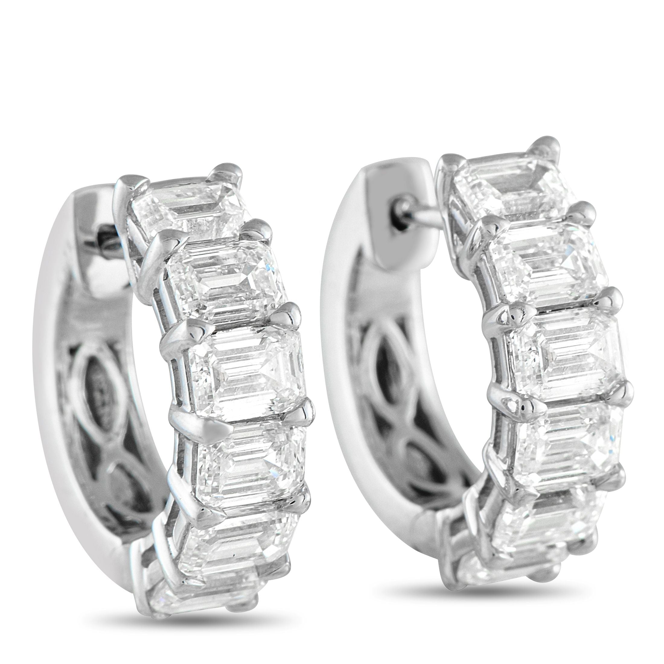Exclusive 18K White Gold 3.85ct Diamond Huggie Hoop Earrings – Step-cut Diamonds with a total weight of 3