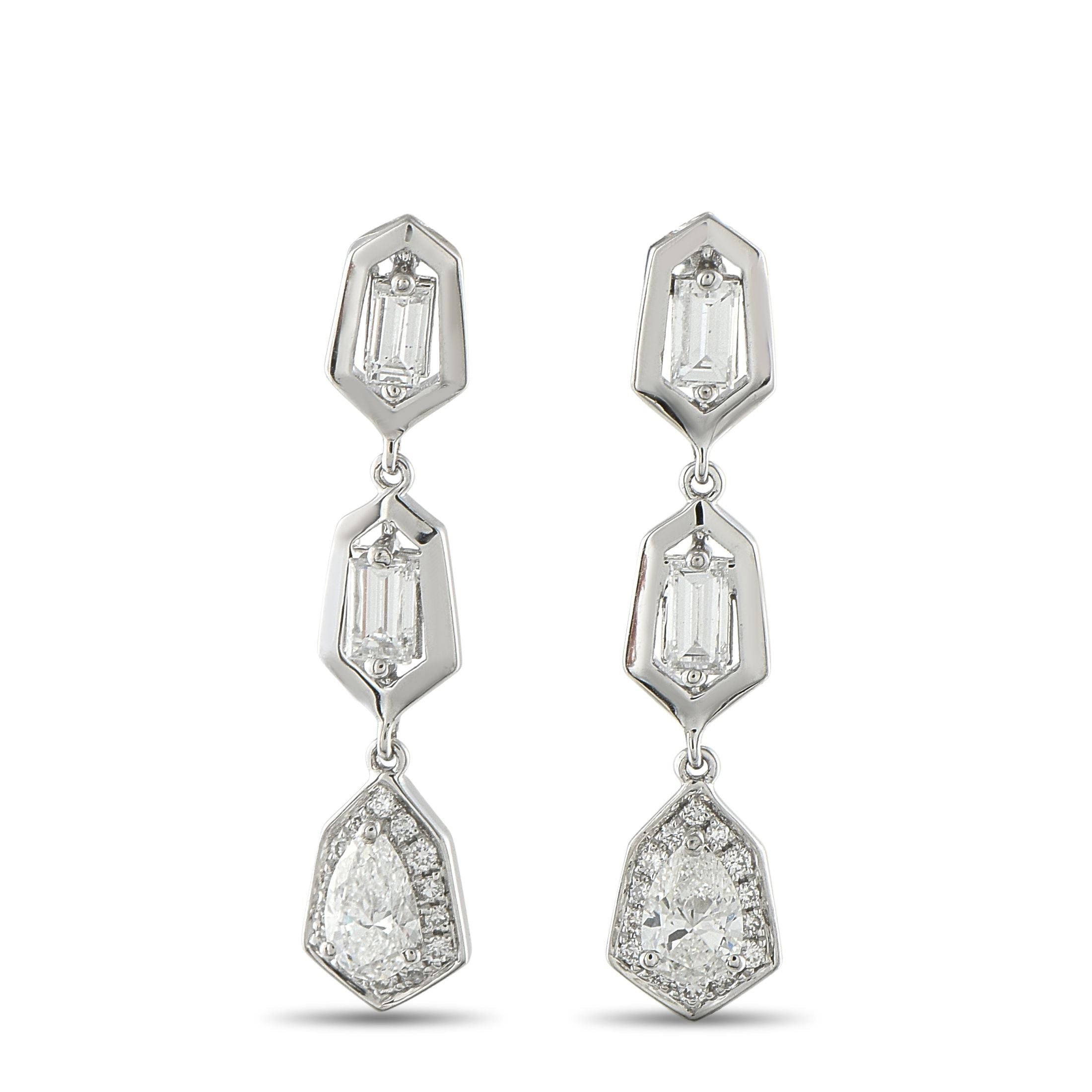 Exclusive 18K White Gold 1.70ct Diamond Geometric Drop Earrings AER-19827 – Here is a pair of statement earrings that feel as