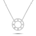 Diamond necklace with round circular link pendant and small clear stones, silver tone chain