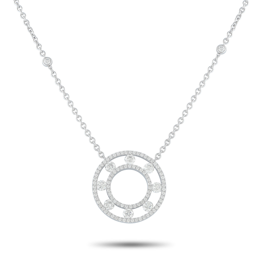 Exclusive 18K White Gold 1.25ct Diamond Necklace – A stunning circular pendant serves as a stunning focal point on this elega