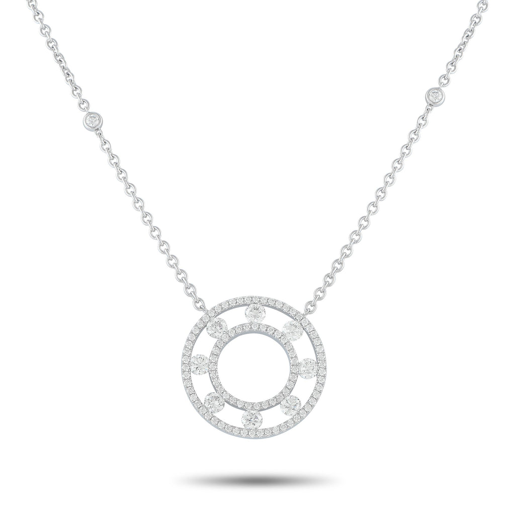 Exclusive 18K White Gold 1.25ct Diamond Necklace – A stunning circular pendant serves as a stunning focal point on this elega