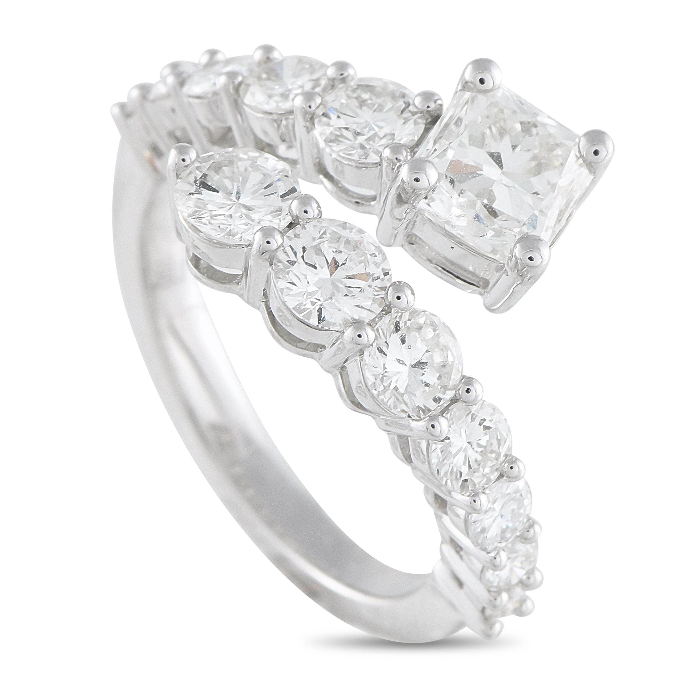Exclusive 18K White Gold 2.60ct Diamond Square Bypass Ring ALR-18742 – This white gold bypass ring features a swirling band s