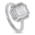 18K white gold diamond ring with emerald-cut center stone and halo