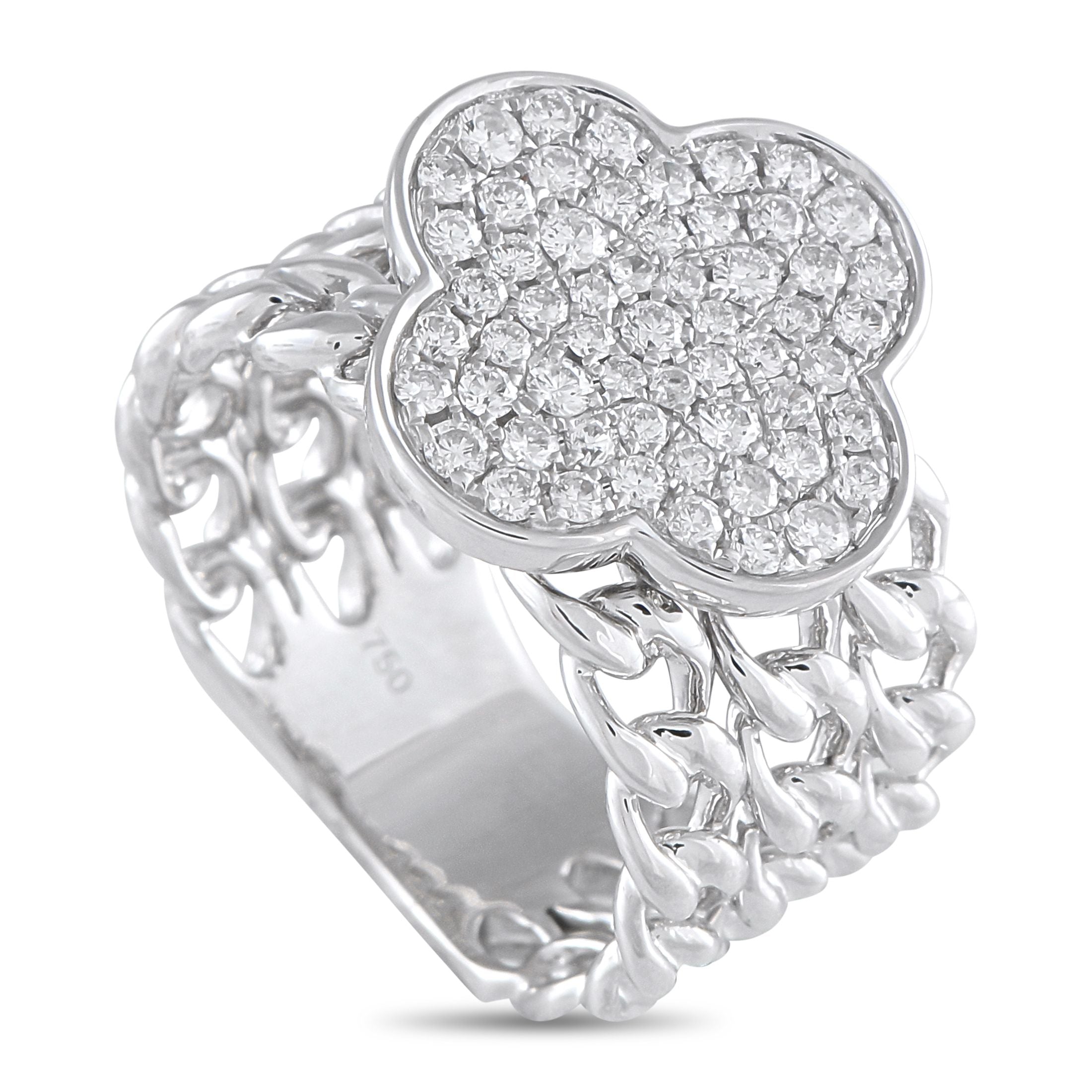 Exclusive 18K White Gold 0.70ct Diamond Ring – A classic quatrefoil motif serves as a stunning focal point on this exquisite 