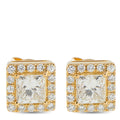18k yellow gold square diamond stud earrings with princess-cut center and halo