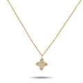 Yellow gold diamond pendant with four-petal flower design, on chain