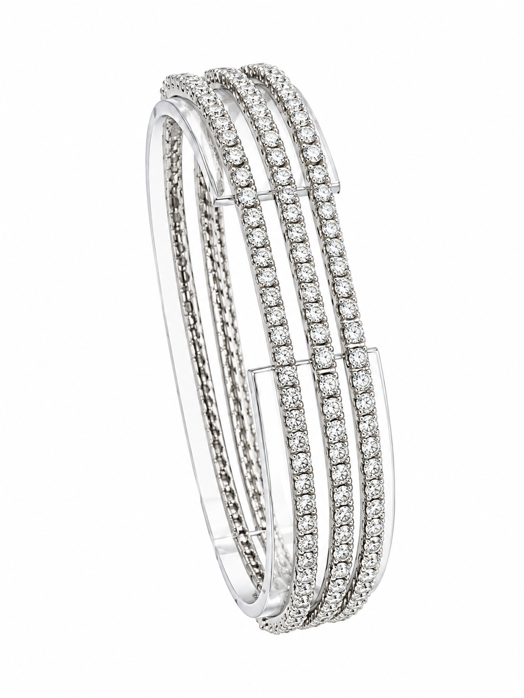 Triple-row diamond bracelet in white gold with hinged oval bangle profile.