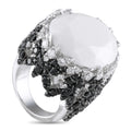 White gold ring with oval white agate and diamond pavé with black stones