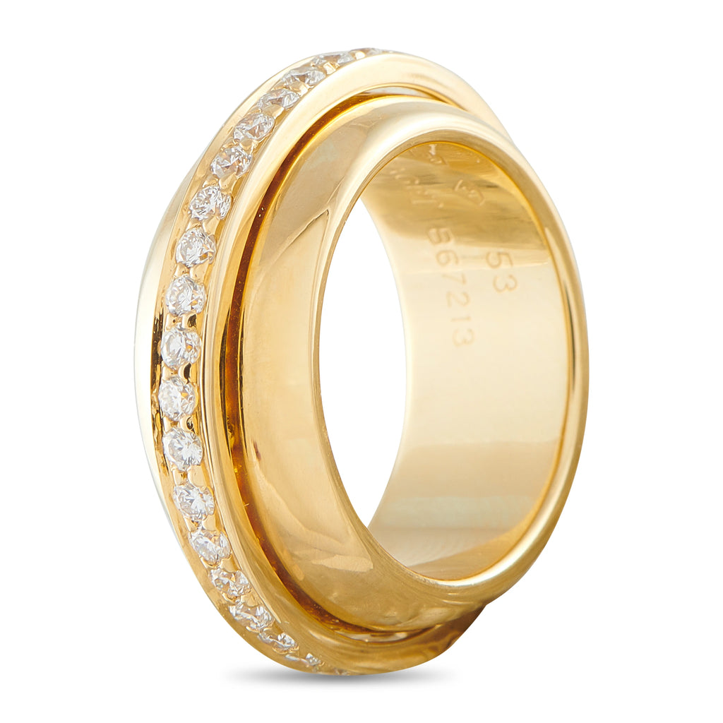 Piaget 18K yellow gold diamond ring with round diamonds; side view of inside band