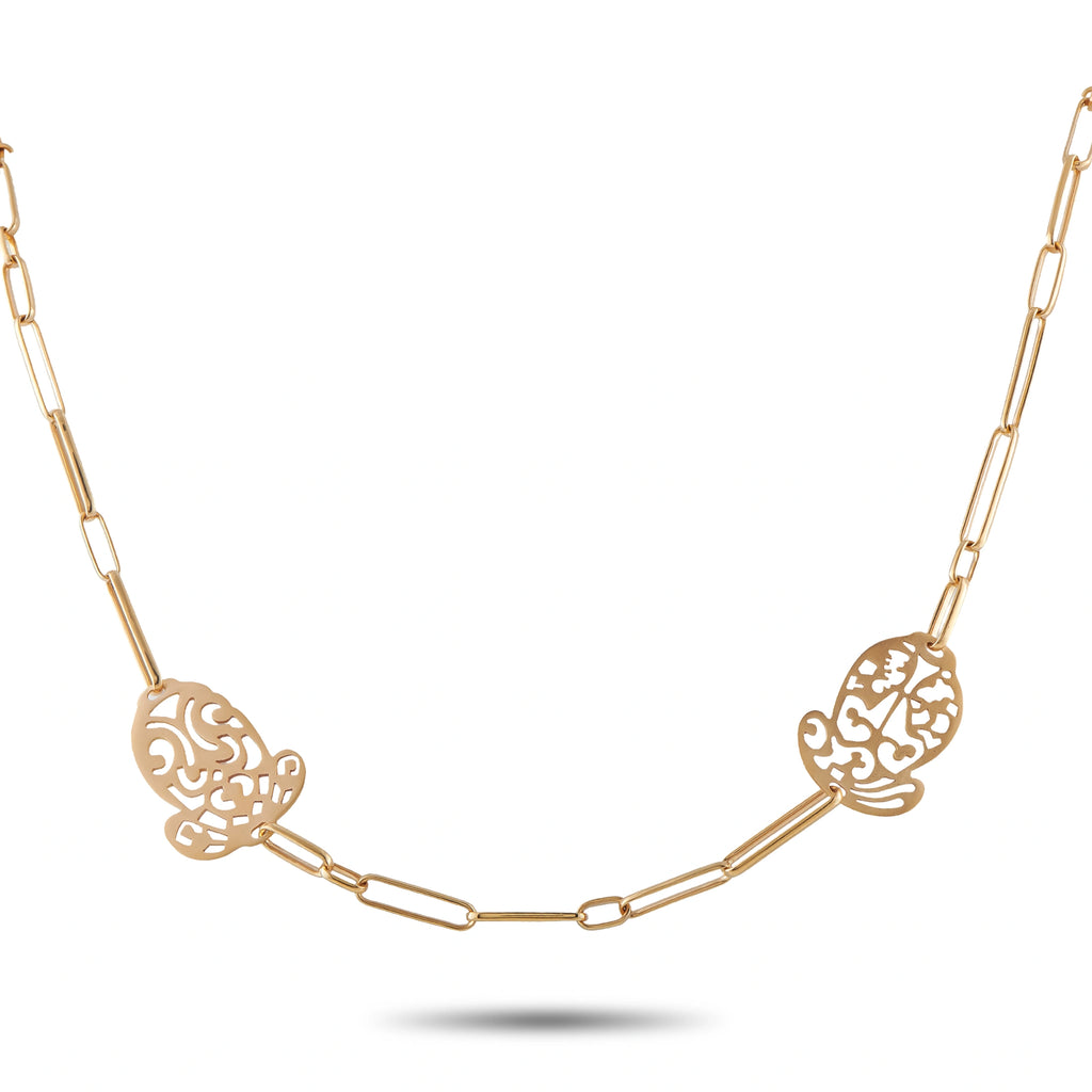 18K rose gold sautoir necklace with filigree medallion stations and curb chain links