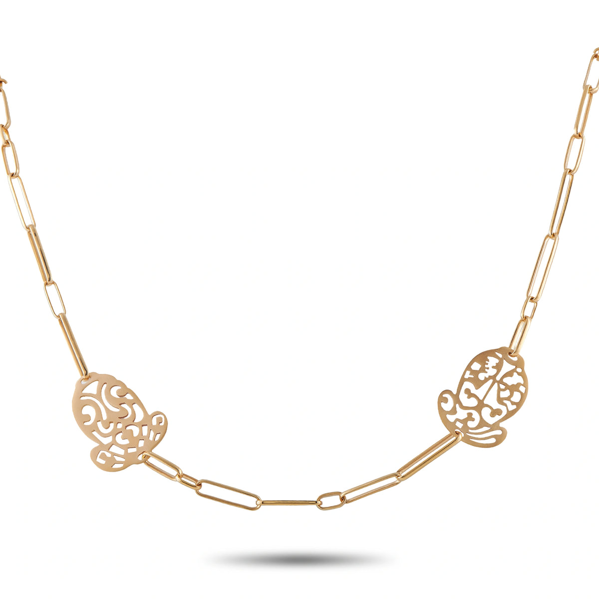 18K rose gold sautoir necklace with filigree medallion stations and curb chain links
